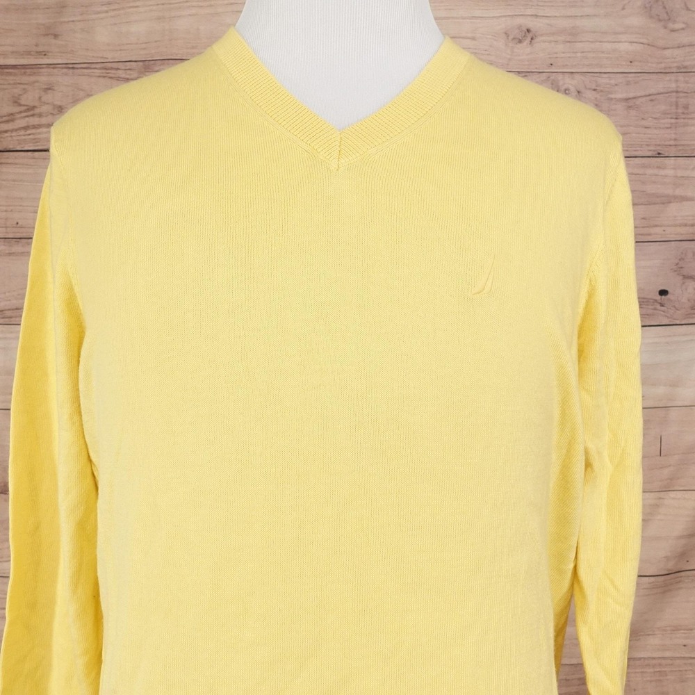 Nautica Sweater Mens M‎ Yellow V Neck Pullover Knit Luxury Performance